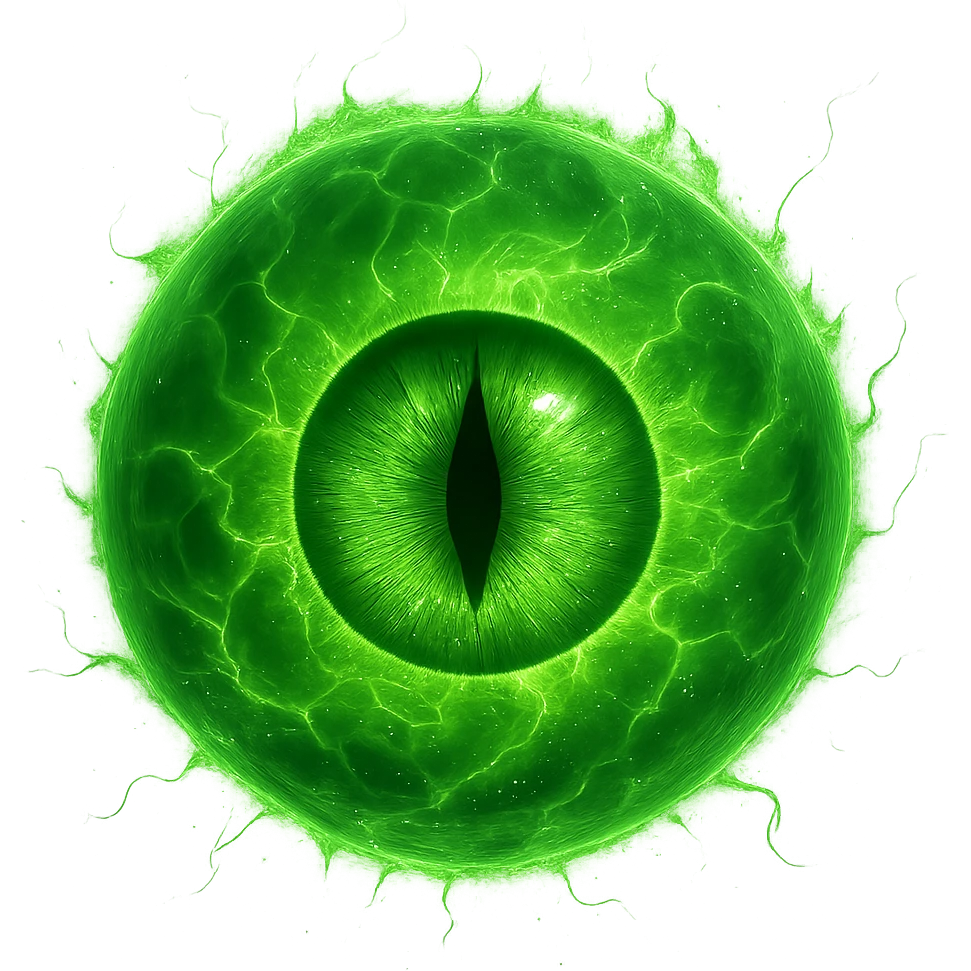 a vibrant green sphere of energy featuring a large eye at its core, radiating power emoji