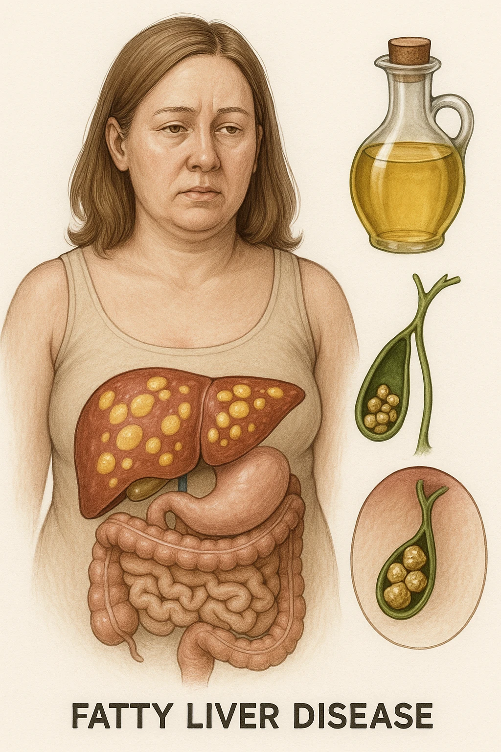 donna con fegato grasso immagine realistica e usa oli vegetali formando anche calcoli biliari emoji