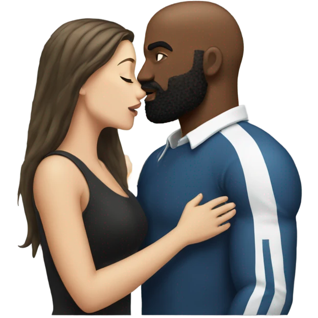 White brunette kissing muscular black bald man with beard emoji