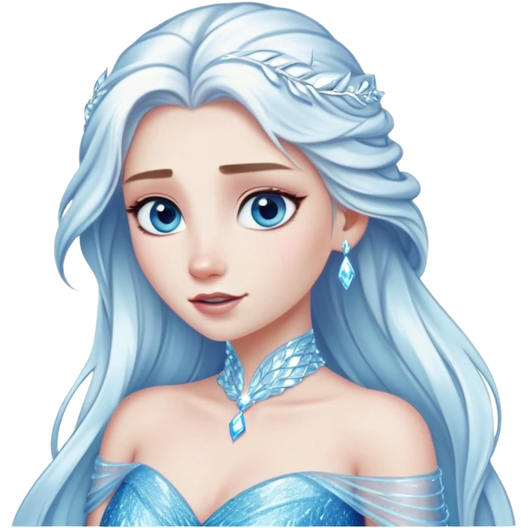 Cinematic Elegant Snow Queen Portrait Emoji, rendered in a realistic, vector-style with minimal shading and bold, simplified shapes. Depict Elsa (chest and above) with icy pale skin, long flowing platinum hair, and piercing blue eyes that exude quiet power, dressed in a shimmering ice-blue gown. The image glows with a soft, frosty radiance and high shine, capturing her ethereal, regal beauty. emoji