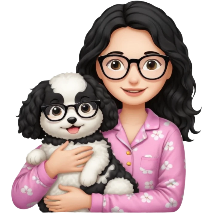 long wavy black haired girl wearing black framed glasses in a pink pjs while holding her fluffy white dog emoji