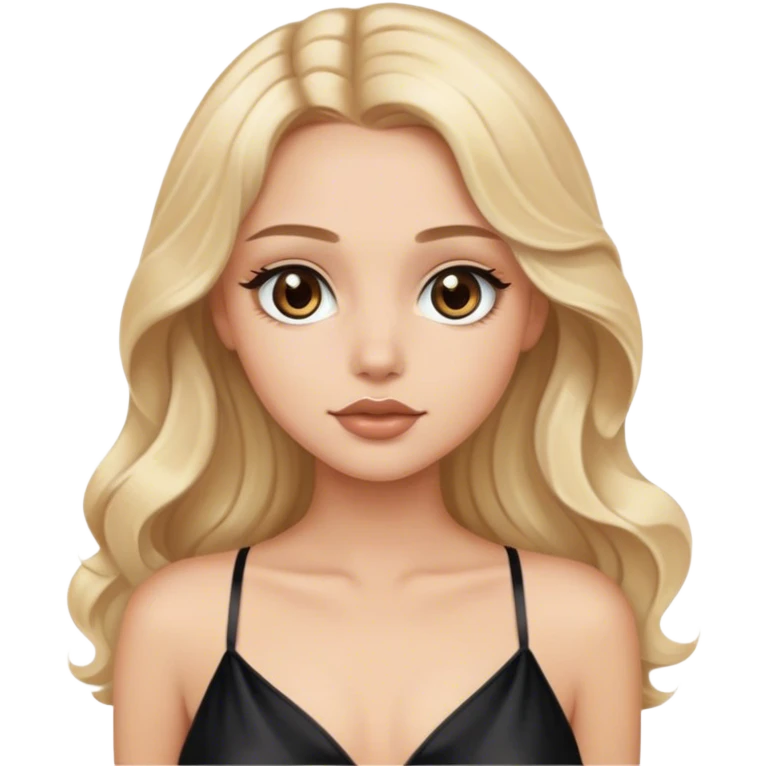 Luxury blonde model, brown eyes, soft sleek wavy hair, wearing black silky nightgown emoji