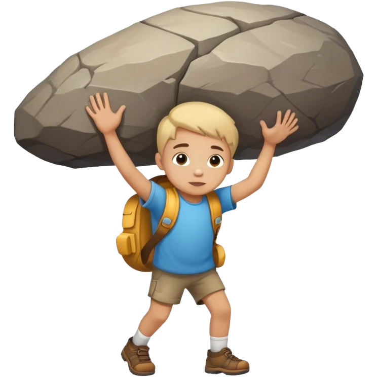 A child  carrying a large rock on his shoulders. Real 3D image emoji
