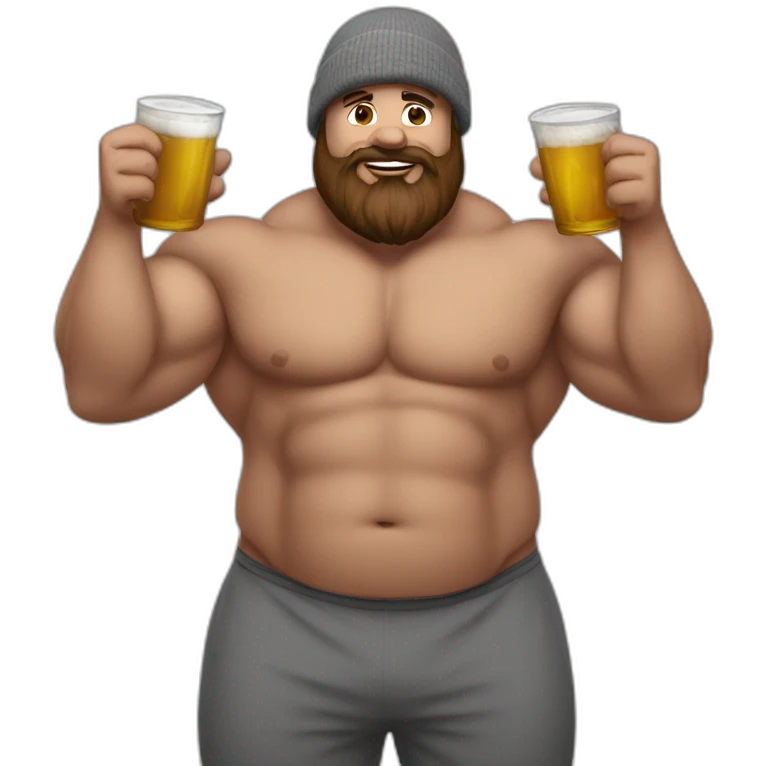 Fat Muscle builder in grey sweats no shirt brown and brown beard red winter hat drinking emoji