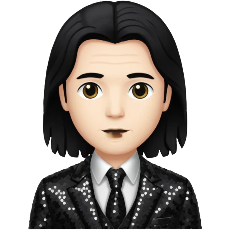 Charles Lee Ray with long black hair, dark suit sequin suit  emoji