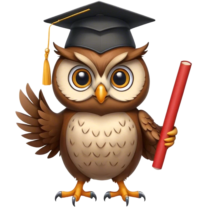 Owl smiling with graduation hat and diploma in claws emoji