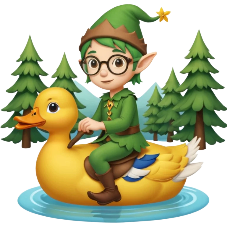 tiny forest elf with round glasses riding a duck emoji