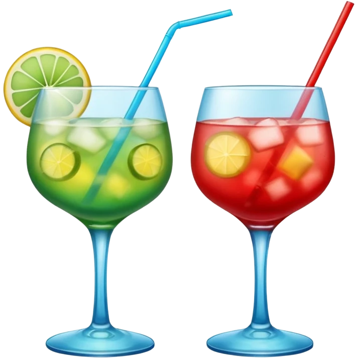 Create two emoji of clear red blended yellow cocktail, cheers with blue blended green cocktail, without any fruit and skewers emoji