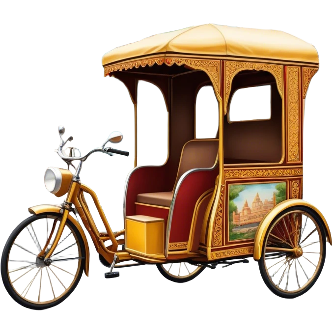 Cyclo rickshaw – Cinematic Realistic Cyclo Rickshaw, depicted as a charming, ornately painted three-wheeled cycle taxi with vintage detailing, set on bustling city streets under dynamic urban lighting that evokes cultural heritage and nostalgic charm. emoji