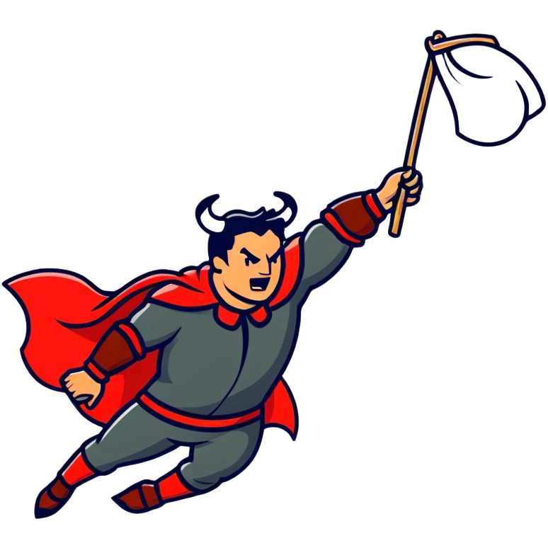 Matador in traditional costume waving red cape at angry bull emoji