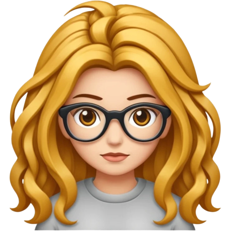 Uma garota de cabelos encaracolados compridos e mechas bem loiras, com pele morena  e óculos emoji
