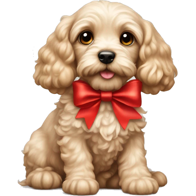 Cockapoo puppy with red bow on head emoji