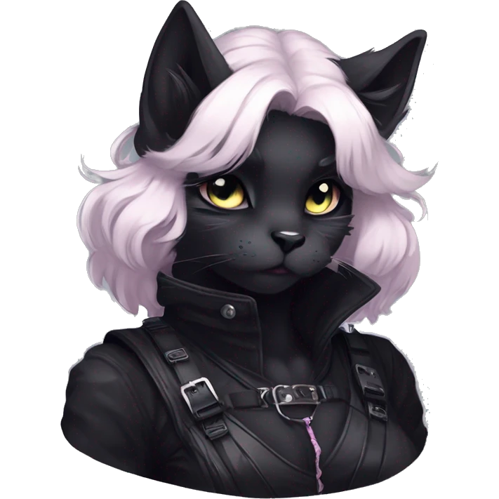 Gorgeous furry gothic dark techwear anime style anthro black cat fursona with blushing face aesthetic and pretty edgy black with collar and harness trending style emoji