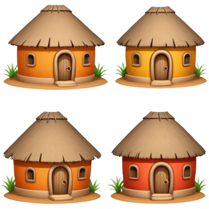4 different African mud hut tribal houses, each unique, round adobe clay huts, thatched roofs, colorful tribal decorations, mobile game icon style, 3D cartoon, clean background, consistent lighting, consistent proportions emoji