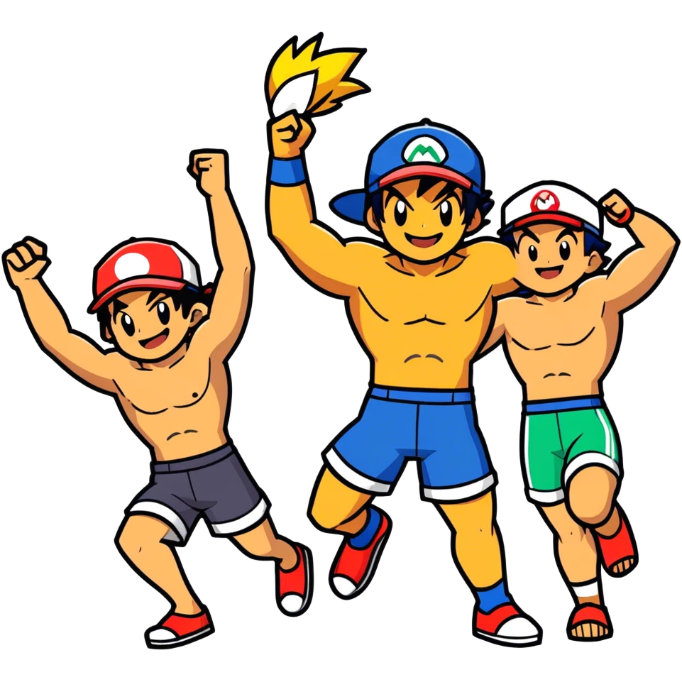 Hot handsome muscular 6ft 5inch tall smiling happy fun shirtless Ash Ketchum dancing to techno with two best friends in short swimwear emoji