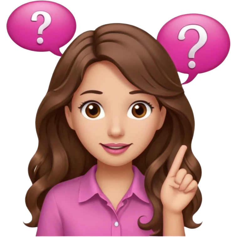 girl with long wavy brown hair, brown eyes, light to medium complexion, in a pink shirt, pink lips, long lashes, confused, question mark one speech bubble emoji