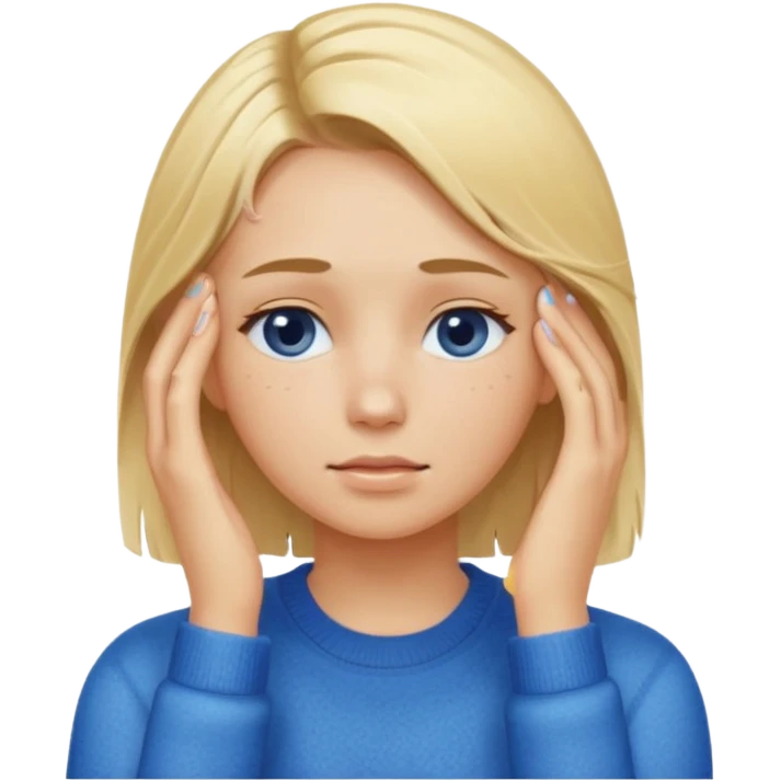 Girl massaging her head with blonde wet hair with anti-dark circles patches in her eyes dressed in a blue sweater emoji