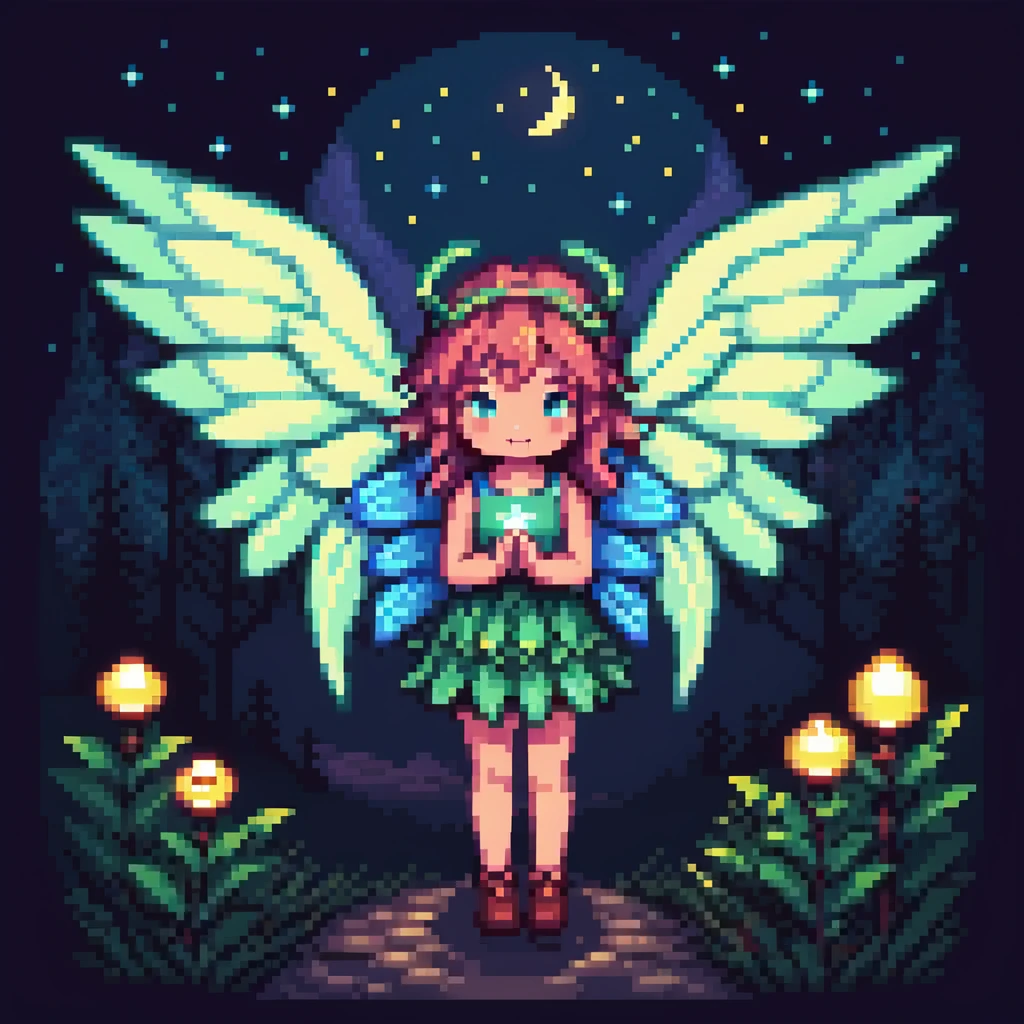 fairy with wings, night scene, glowing wings emoji