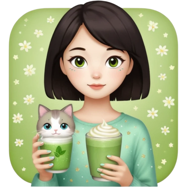 asian girl with shoart dark brown hair with a soft girl glowup aesthetic. matcha latte sparkles girly things, 2 ragdoll cats, skincare, makeup emoji