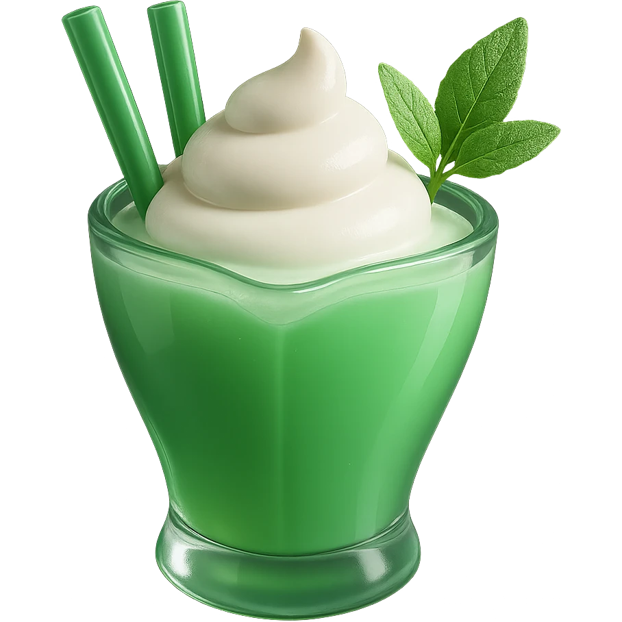 Make the mint green milkshake glossy and 3D with shiny highlights and reflections. Keep the double straws, heart-shaped glass, and mint leaf on top. Remove the background. emoji