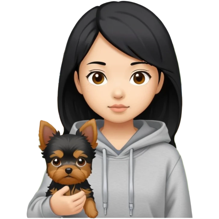 a black-haired asian girl wearing a grey hoodie with a yorkie in a yard emoji