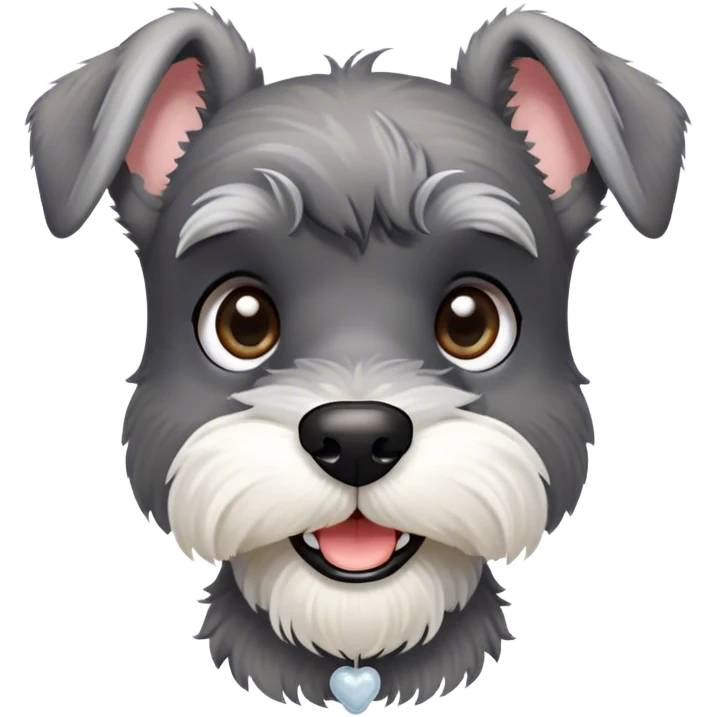 Cinematic Cute Miniature Schnauzer Portrait Emoji, Head cheerfully cocked with expressive, twinkling eyes and a neatly trimmed, adorable salt-and-pepper fur, simplified yet endearingly detailed, glowing with a bright, friendly radiance, high shine, exuding smart and spunky charm, styled with a delicate, whimsical outline, capturing the essence of a cute Miniature Schnauzer that appears ready to scamper off the screen with delightful energy! emoji
