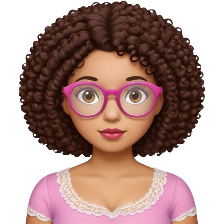 medium-light kinned afro-latina girl with medium length chocolate brown side part curly hair, brown glasses, brown eyes, pink and white sweetheart necklined top with lace, round wide-ish nose, chubby oblong face emoji