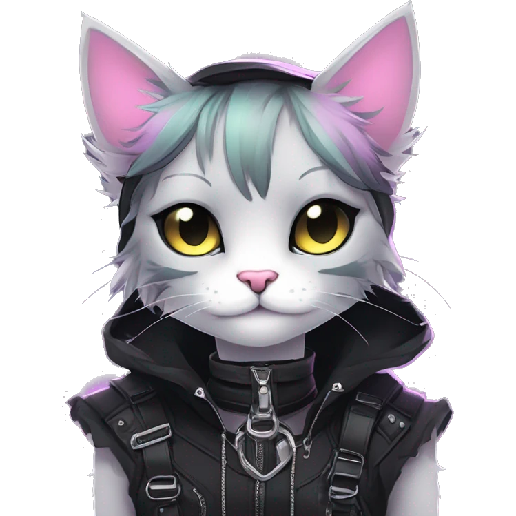 Gorgeous edgy epic punk magical gradient gothic dark techwear anime style anthro cat with blushing face aesthetic and pretty edgy black with collar and harness trending style emoji