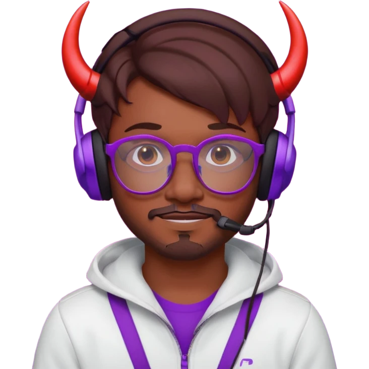 It’s a relaxed selfie of you wearing a glowing gaming headset, glasses, and piercings, lit by red and purple room lights, with a soft, tired-smirk expression brown hair with devil horns and facial hair

 emoji