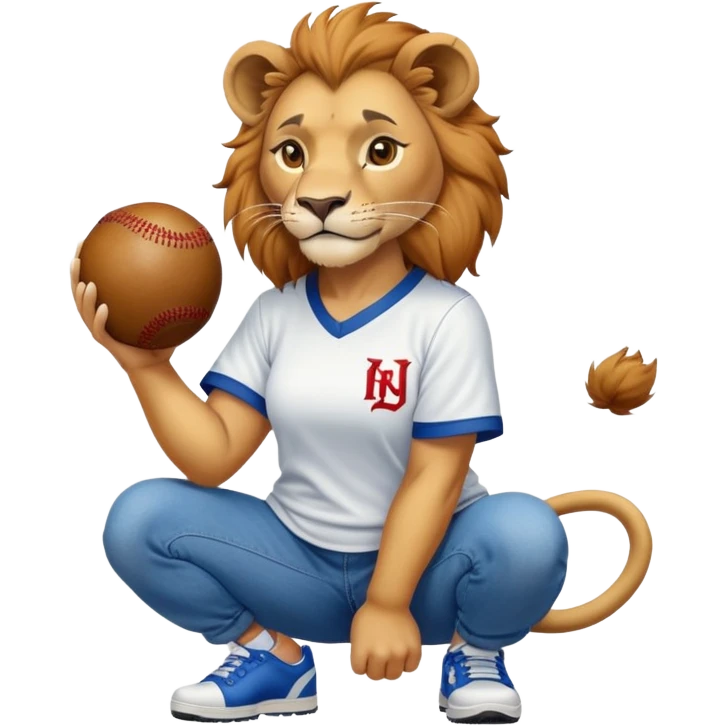 confident anthropomorphised female lion wearing a baseball shirt, jeans, and trainers, squatting and lifting an object emoji