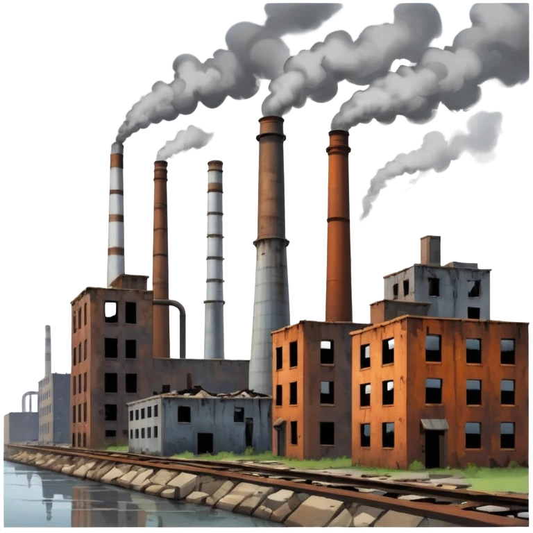 run-down industrial cityscape with smokestacks, crumbling factories, gray sky, rust belt region near Lake Erie emoji