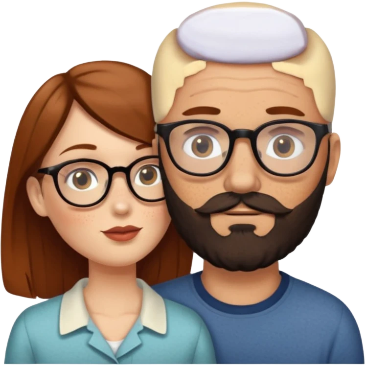 Couple. Bald man with dark brown-black beard. White woman with many small, faded freckles, she has white skin and she has auburn-brown-cinnamon, dark long hair. She has light brown eyes. The man have hazel eyes and glasses. She don’t wear glasses. Retro style. She kisses him. emoji