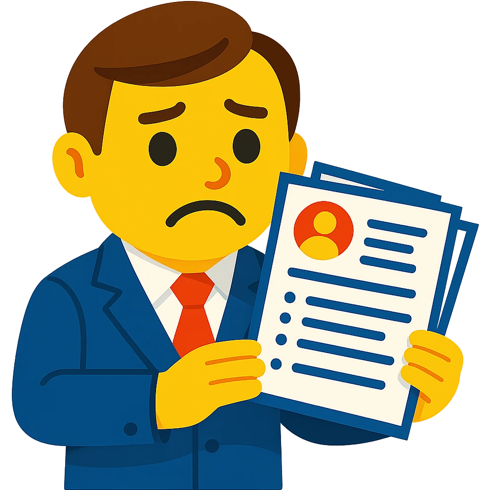 Create a vibrant toon style image of a recruiter holding a resume with a neutral or slightly disappointed expression, as if he saw a resume he didn't like. No background. emoji