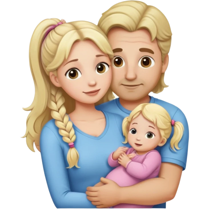 Cute family the mom with blonde long wavy hair, the doughter with blonde two pigtails, the baby and the father with brown short hair hugging each other emoji