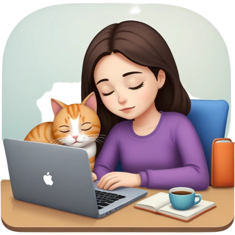 A girl is working hard in front of her laptop, and a cat is sleeping next to it emoji