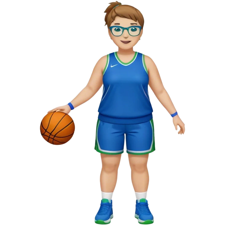Full Body plus size white female basketball player with short light brown hair with carm highlights spike hair wearing blue glasses  wearing blue green uniform  green sneakers smiling l emoji