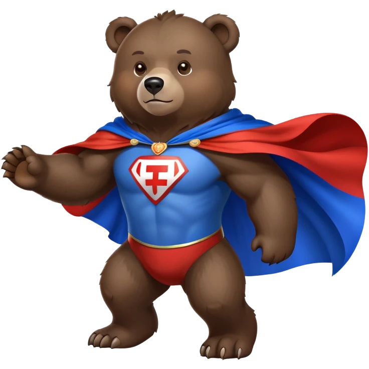 Medium-dark brown bear on four legs with Russian flag as a flowing cape, white, blue and red cloth draped over its back like a superhero cape emoji