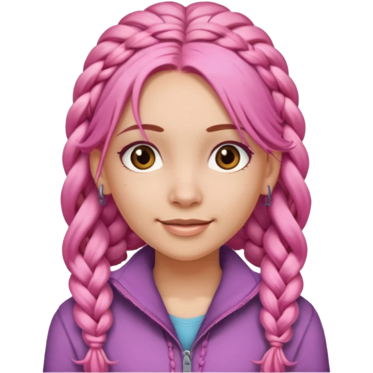 A light-skinned woman with long pink hair styled in braids, brown eyes, and a gentle smile. emoji