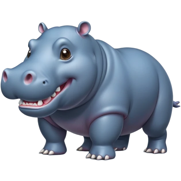 cinematic-hippo-realistic-full-body-side-view-standing-on-all-fours-emoji,-massive-round-frame,-wide-mouthed-grin-exposing-huge-teeth,-head-tilted-dramatically,-thick-greyish blue-hide-glossy, big cute eyes emoji