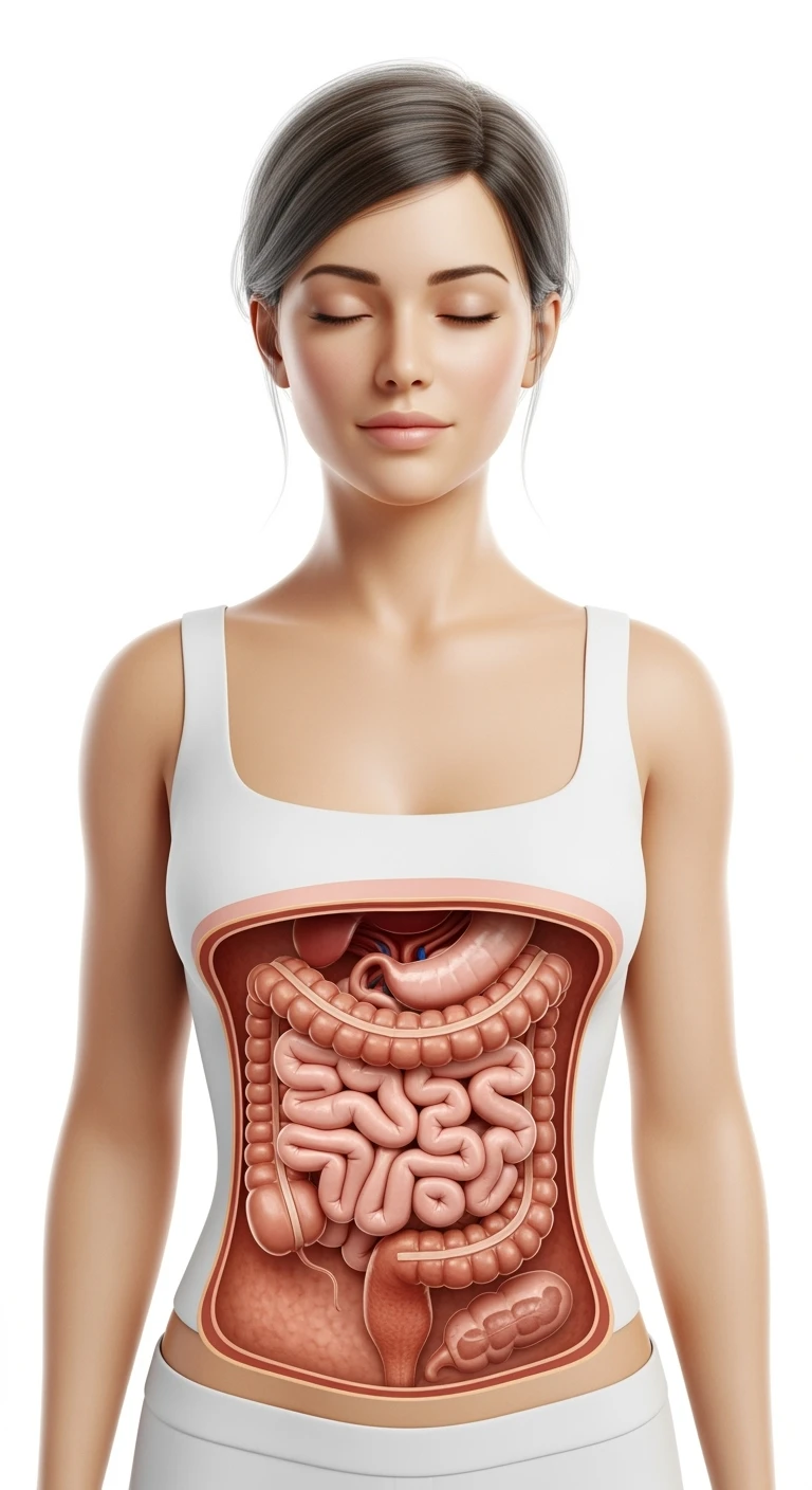 DONNA serena CON INTESTINO UMANO ANATOMICO VISIBILE, ISOLATO SU SFONDO BIANCO emoji