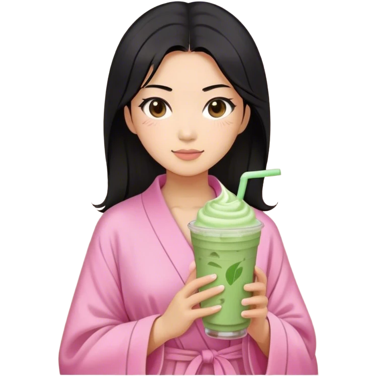 Asian woman, medium hair to shoulders, black hair, brown eyes, pink robe, holding Matcha frappe emoji