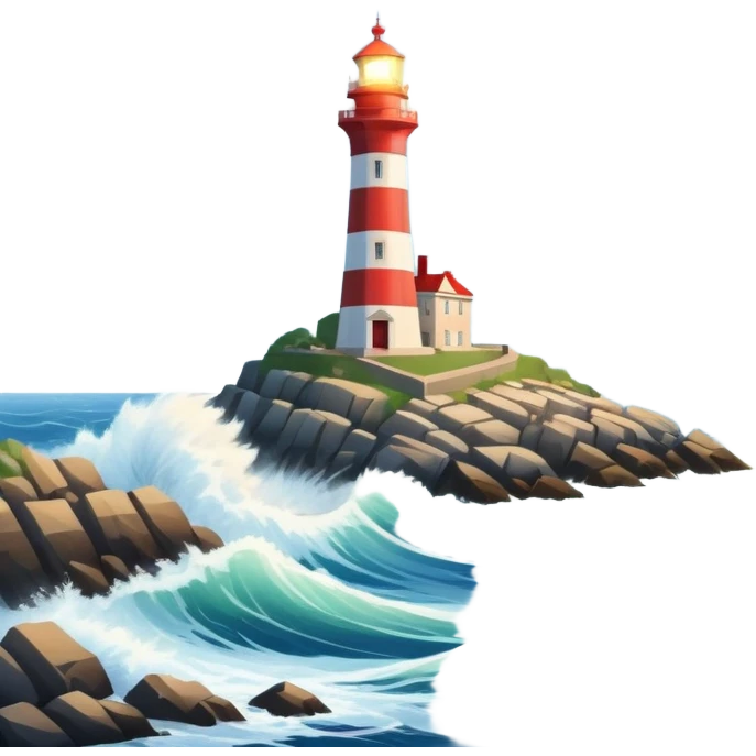 Tokarevsky lighthouse, rocky coastline, sea waves crashing, tower with light beam, maritime navigation symbol
 emoji