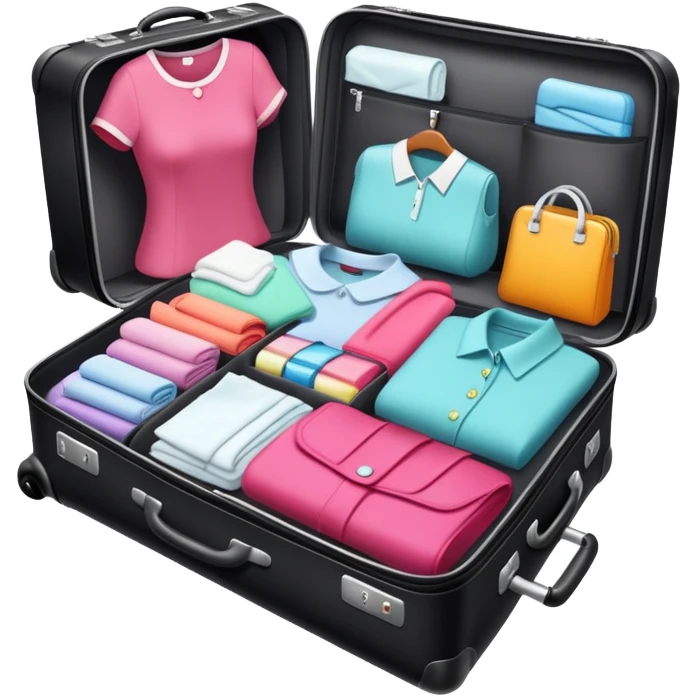 Unpacked black luggage with female clothing & toiletries emoji