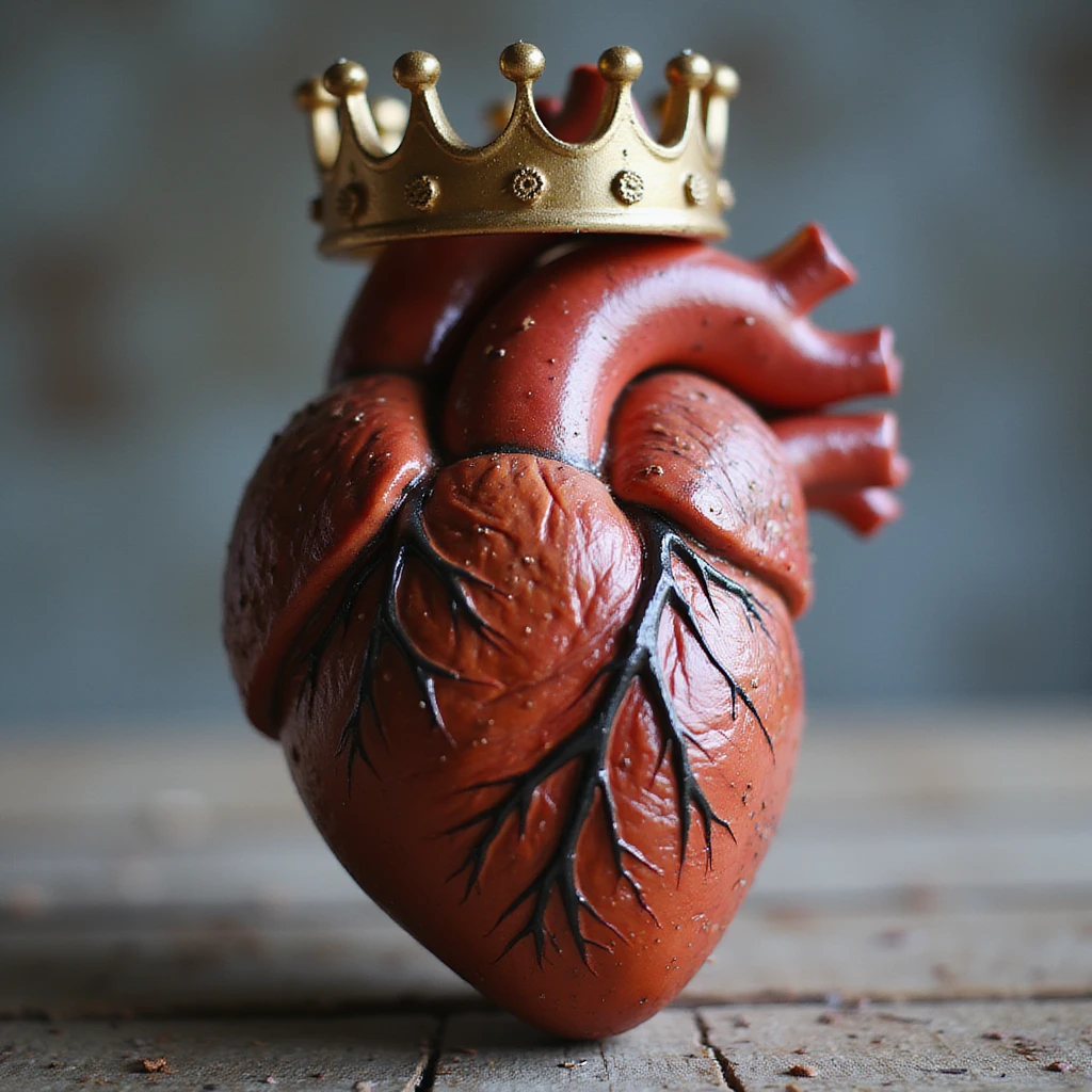 photorealistic high detail heart with a crown emoji
