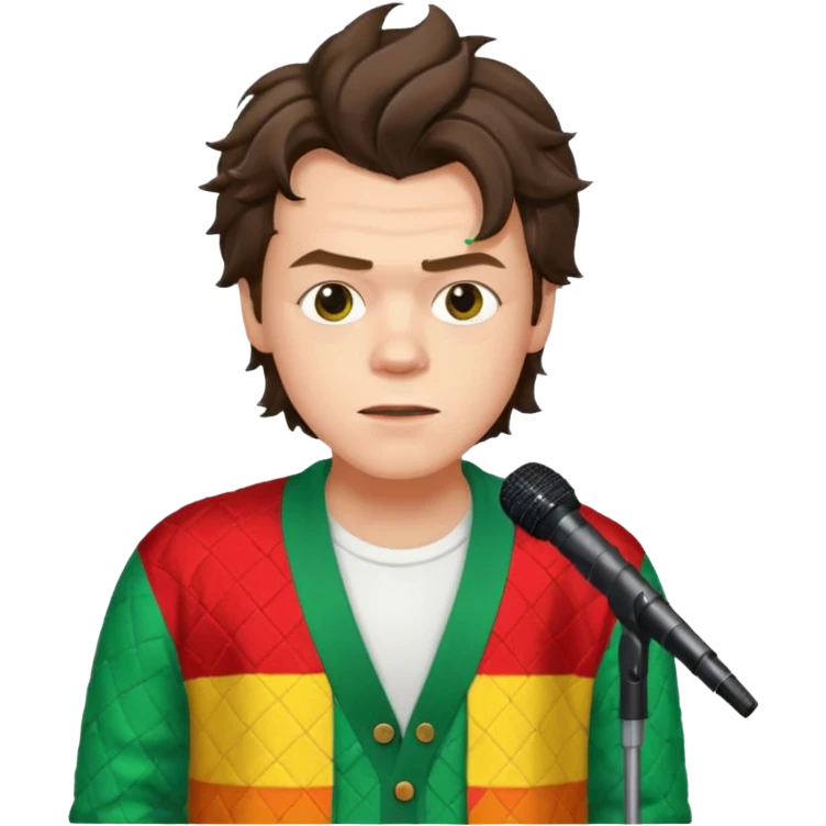 harry styles with a mic, he is wearing a patchwork colorful (red, yellow,green) cardigan and a white t-shirt under emoji