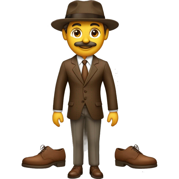 pessoa com boina sardas cabelo enrolado gravata terno marrom calça marrom sapato social e com um bastao nas maos com car de serio emoji