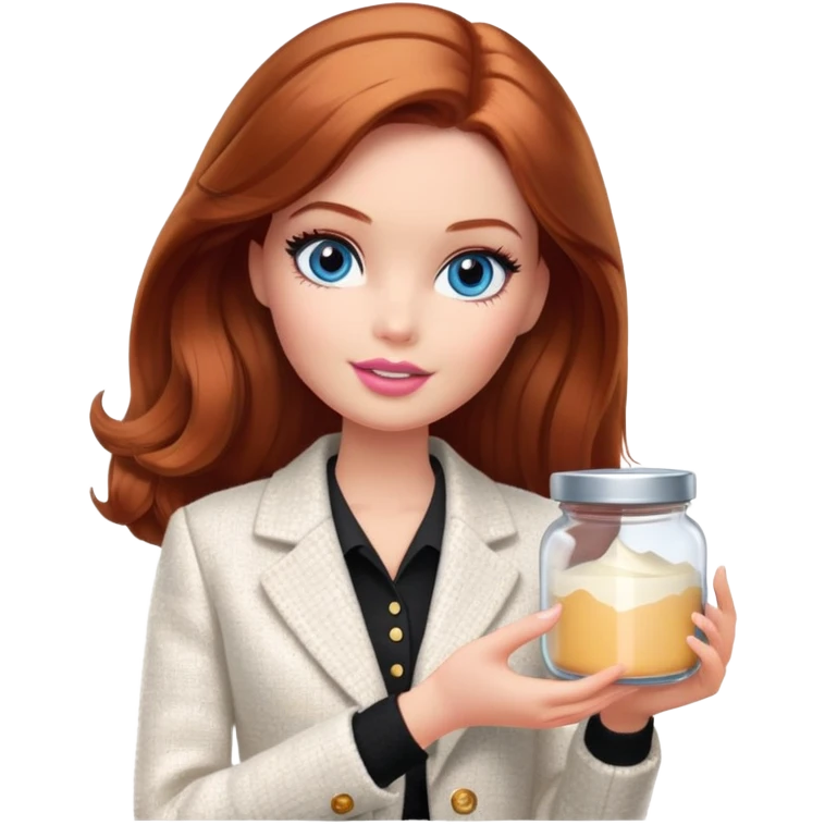 A Barbie girl with blue eyes, shoulder-length reddish-brown hair with makeup, wearing a white tweed jacket and a black skirt stands with a jar of cream emoji
