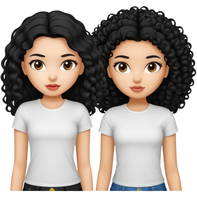 2 pretty bratz fair girls. One has straight black hair and is tan, wearing a white tshirt. One is fair with curly black hair, wearing a black tshirt  emoji