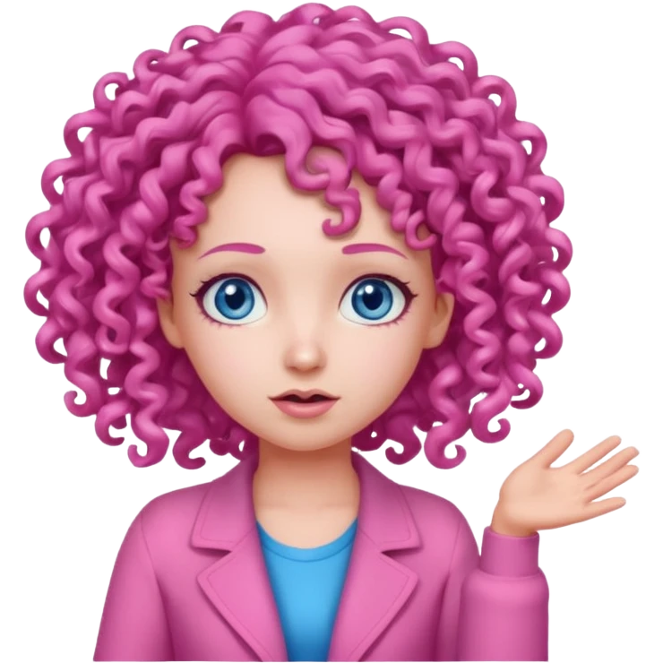 Girl in all pink outfit with pink curly hair and blue eyes shrugging  emoji