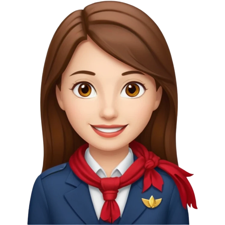Female flight attendant, with red scarf, white shirt, long brown hair, brown eyes, iOS emoji-type face, fair skin,  emoji